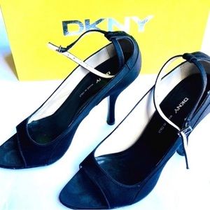DKNY Evening Ankle Strap Black Satin Open Toe Heels Size 7